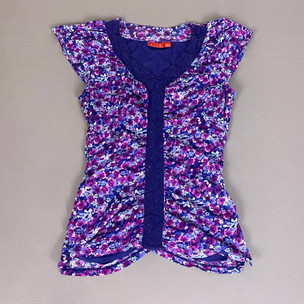 Elle Blouse Women's Large Purple Floral Mesh Cap Sleeve Lace Trim Ruched V-Neck
